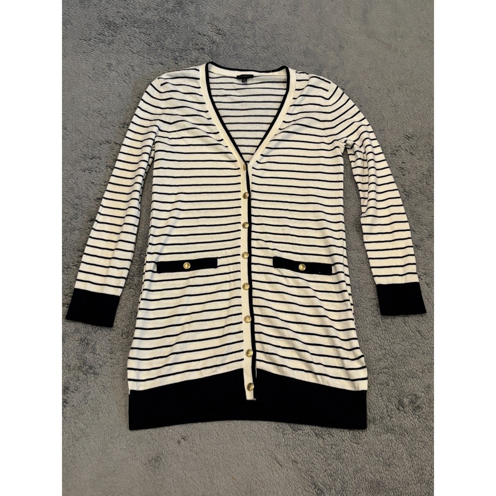 Talbots Cardigan Sweater Womens XS Pockets Hooded Stretchy Navy Stripe Long